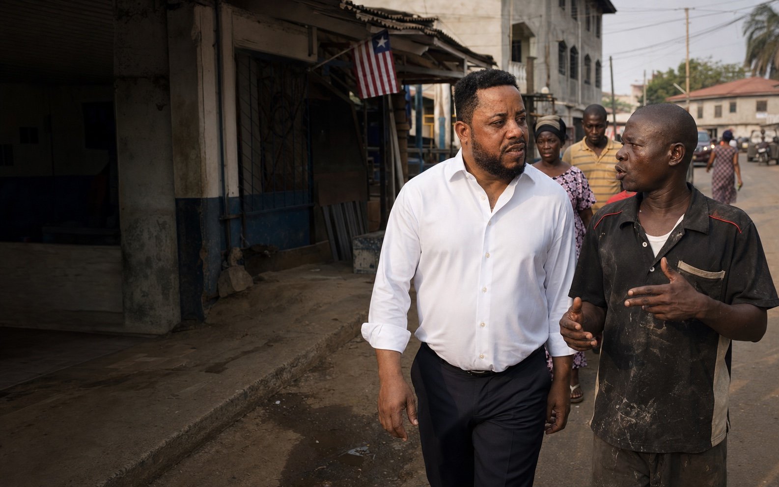 Alvin Jones walking through a Monrovia neighborhood while listening to a local tradesman