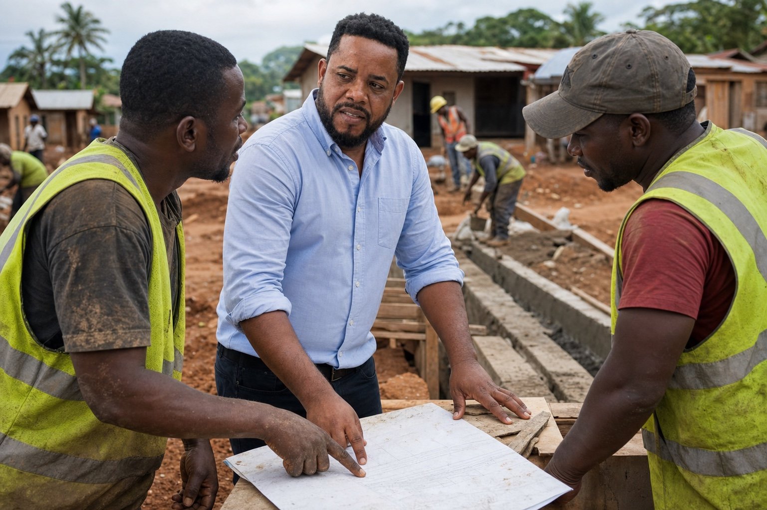 Alvin Jones reviewing road and drainage plans with Liberian construction workers